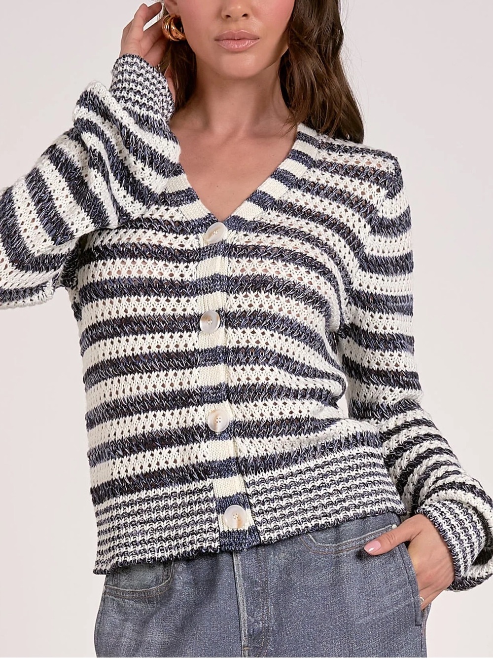 Elan Striped White & Navy Cardigan Sweater